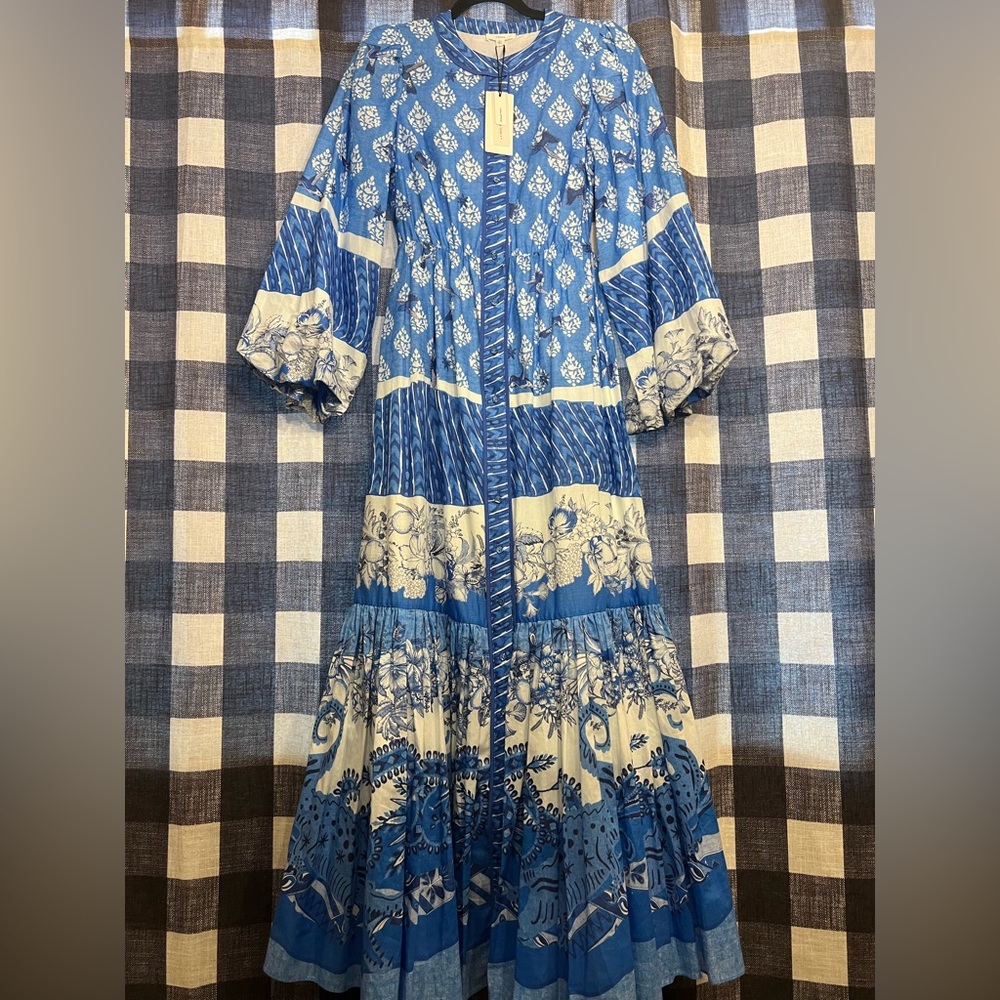 Blue Humming bird dress with balloon sleeves.